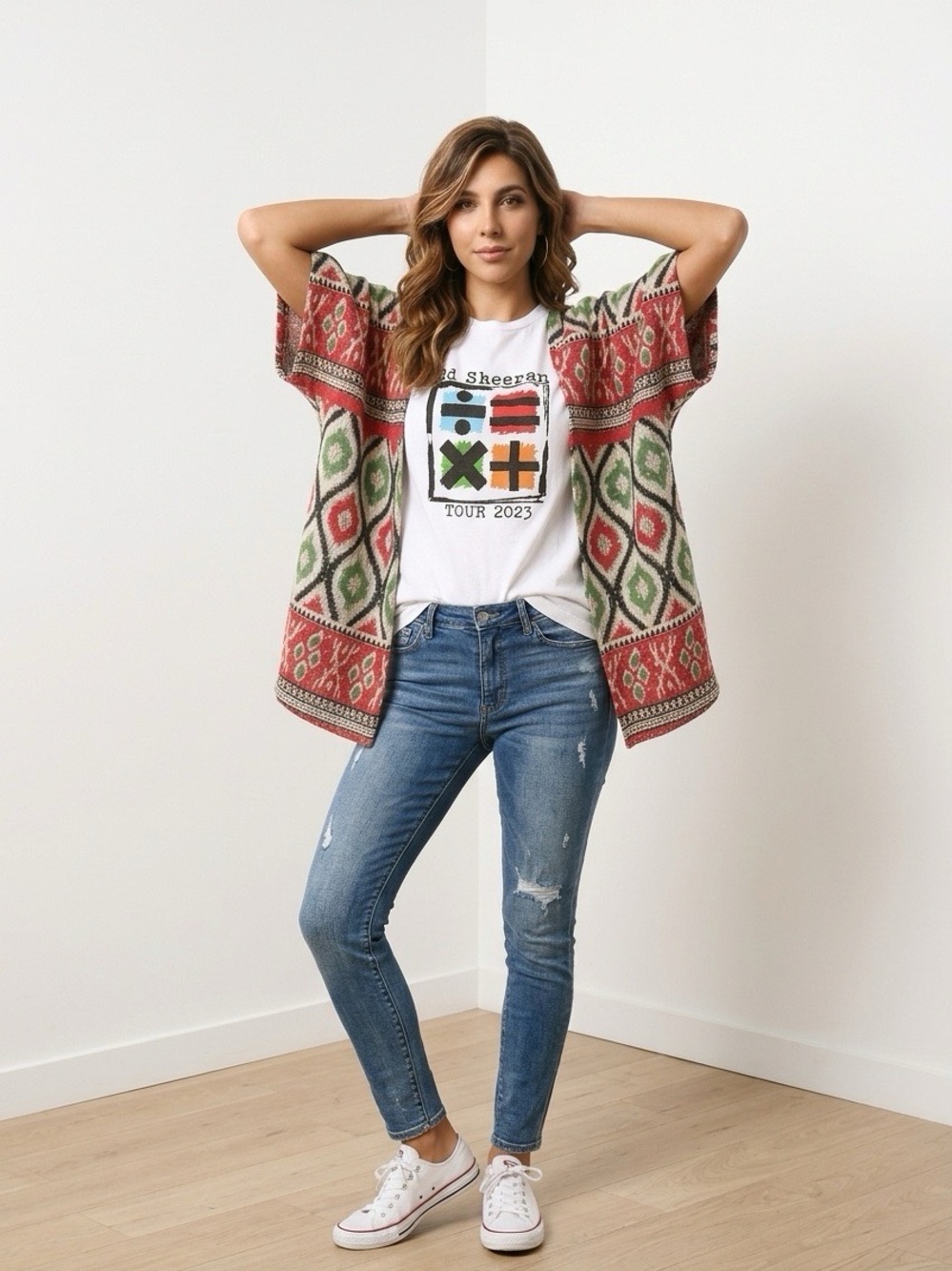 Open-Front Patterned Poncho Sweater - Red & Green